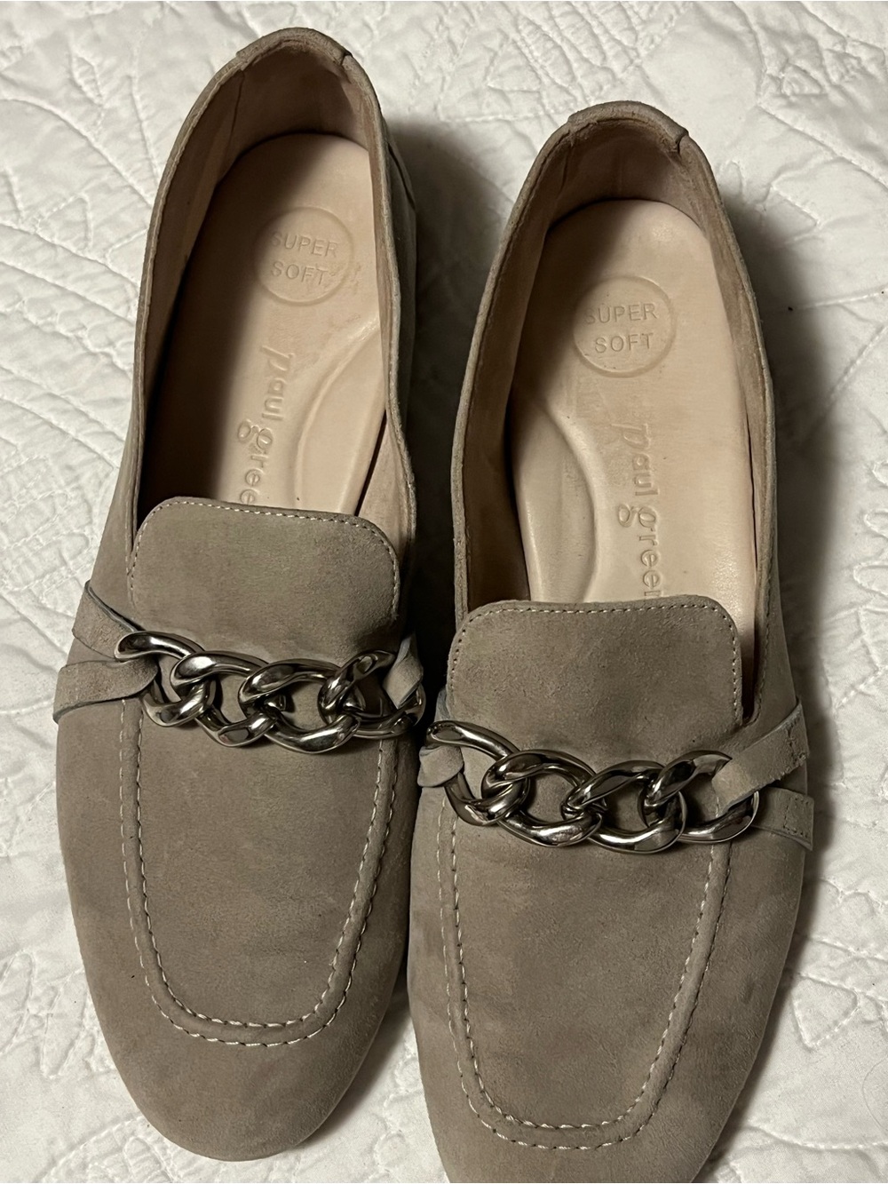 Paul Green Taupe Suede Loafers with Silver Chain Detail